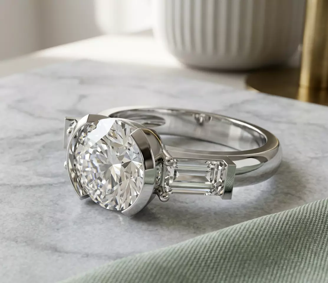 Elegant 3-Stone Engagement Ring with Round and Baguette Diamonds 3D print model