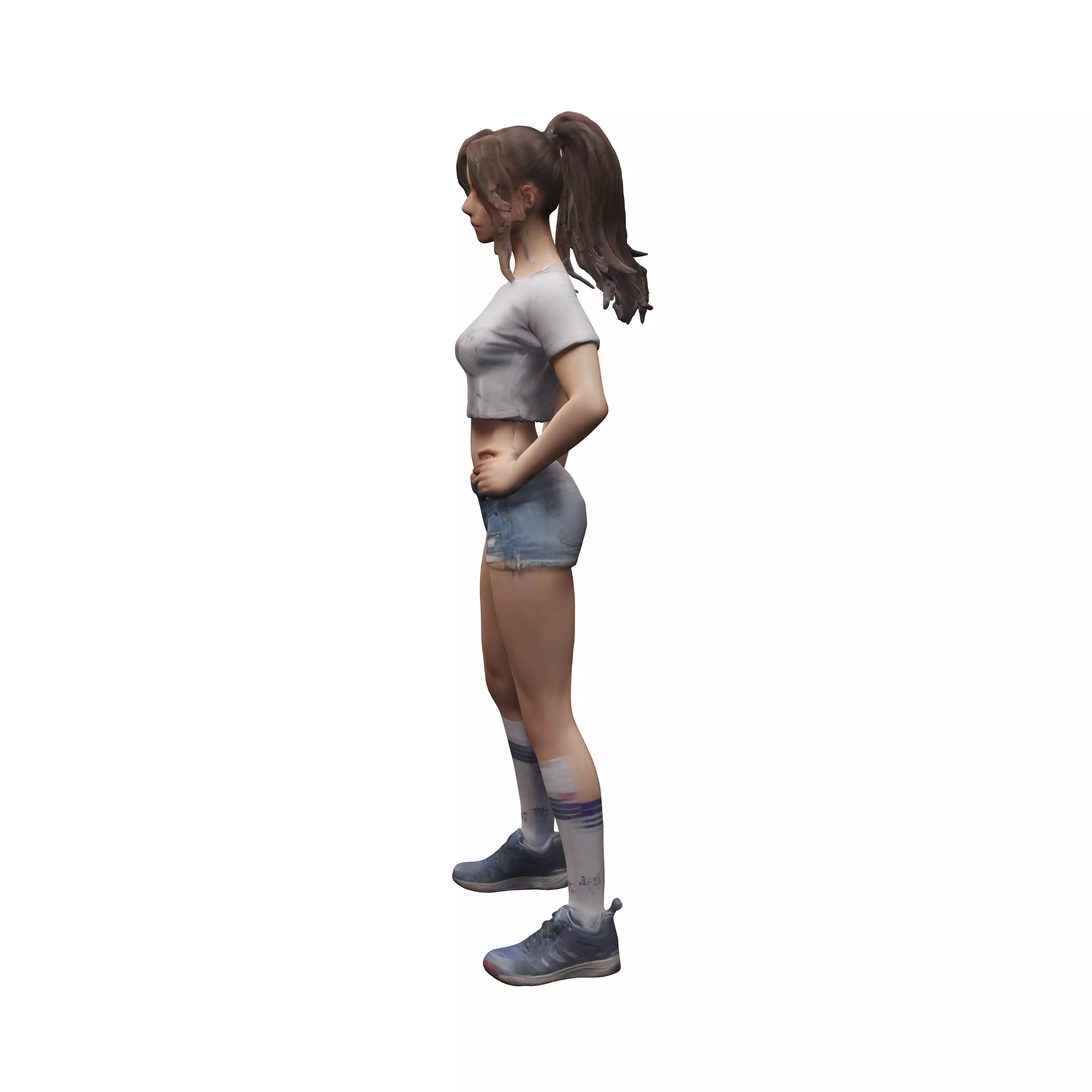Young woman pretty skimpy tshirt skimpy shorts trainers socks... 3D model