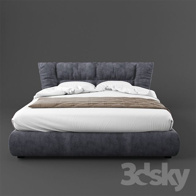high poly bed with upholstered headboard Free 3D model_0