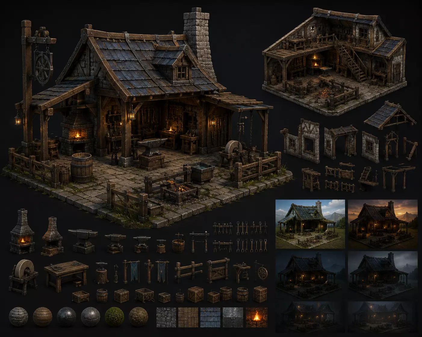 Medieval Blacksmith Forge Modular Workshop Props Pack 3D print model