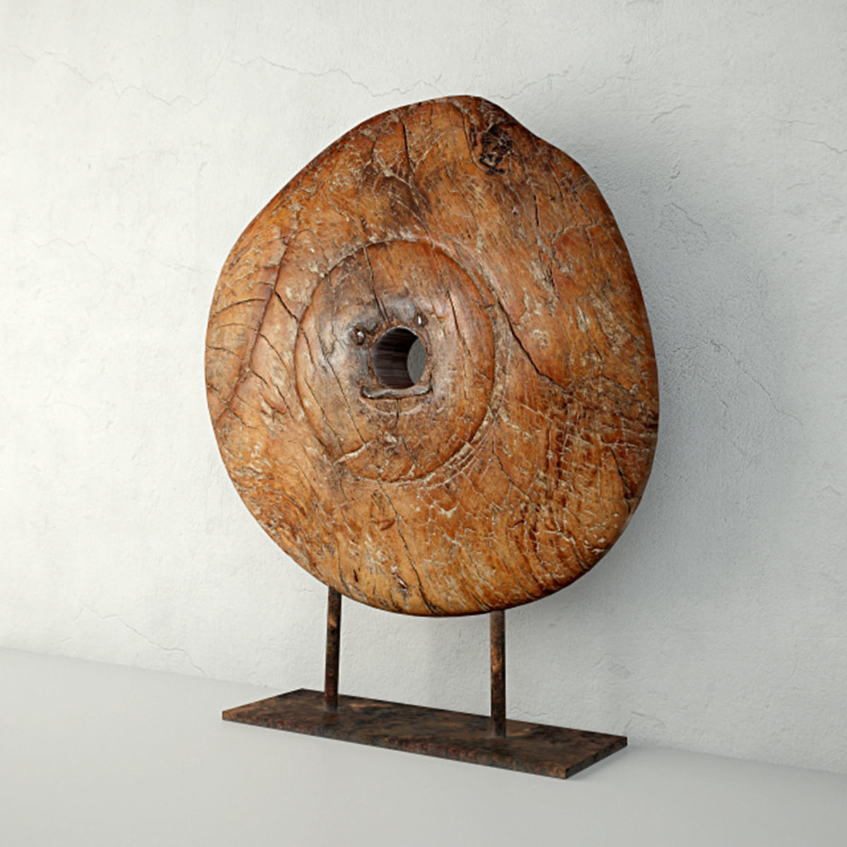 19th Century Wooden Wagon Wheel Artifact 3D model_4