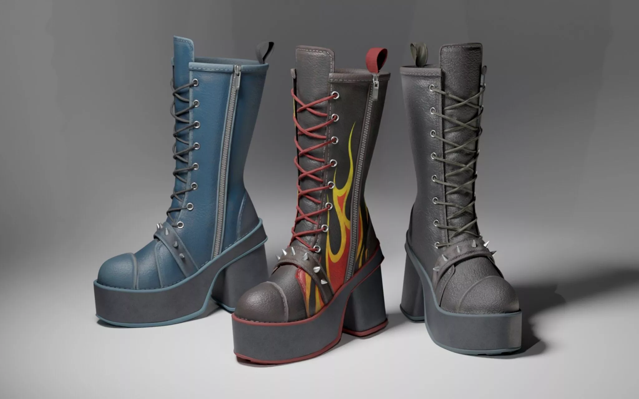 Punk Gothic Spiked Boots 3 sets pack Low-poly 3D model