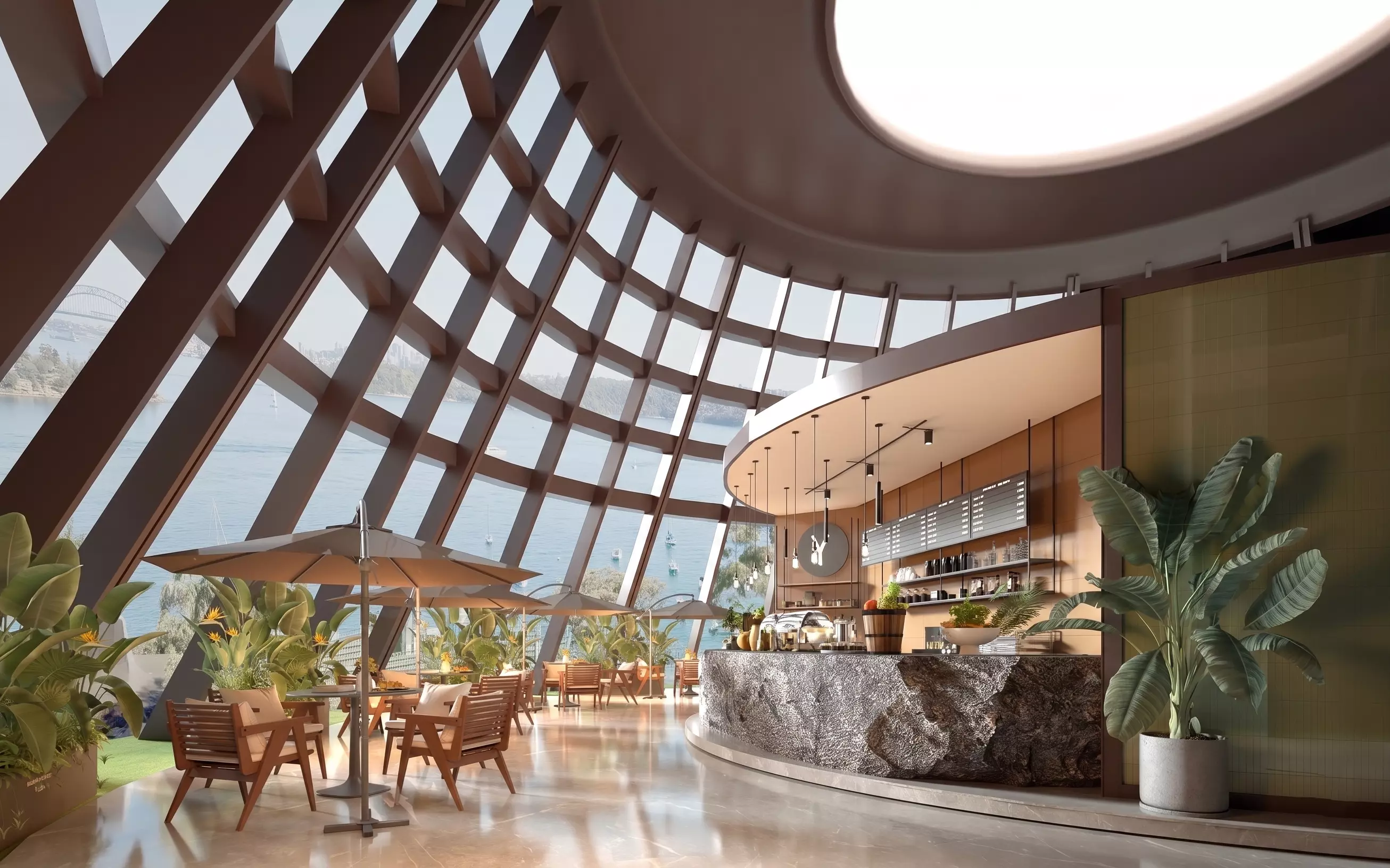 Sydney harbour view cafe with geometric lattice facade 3D model