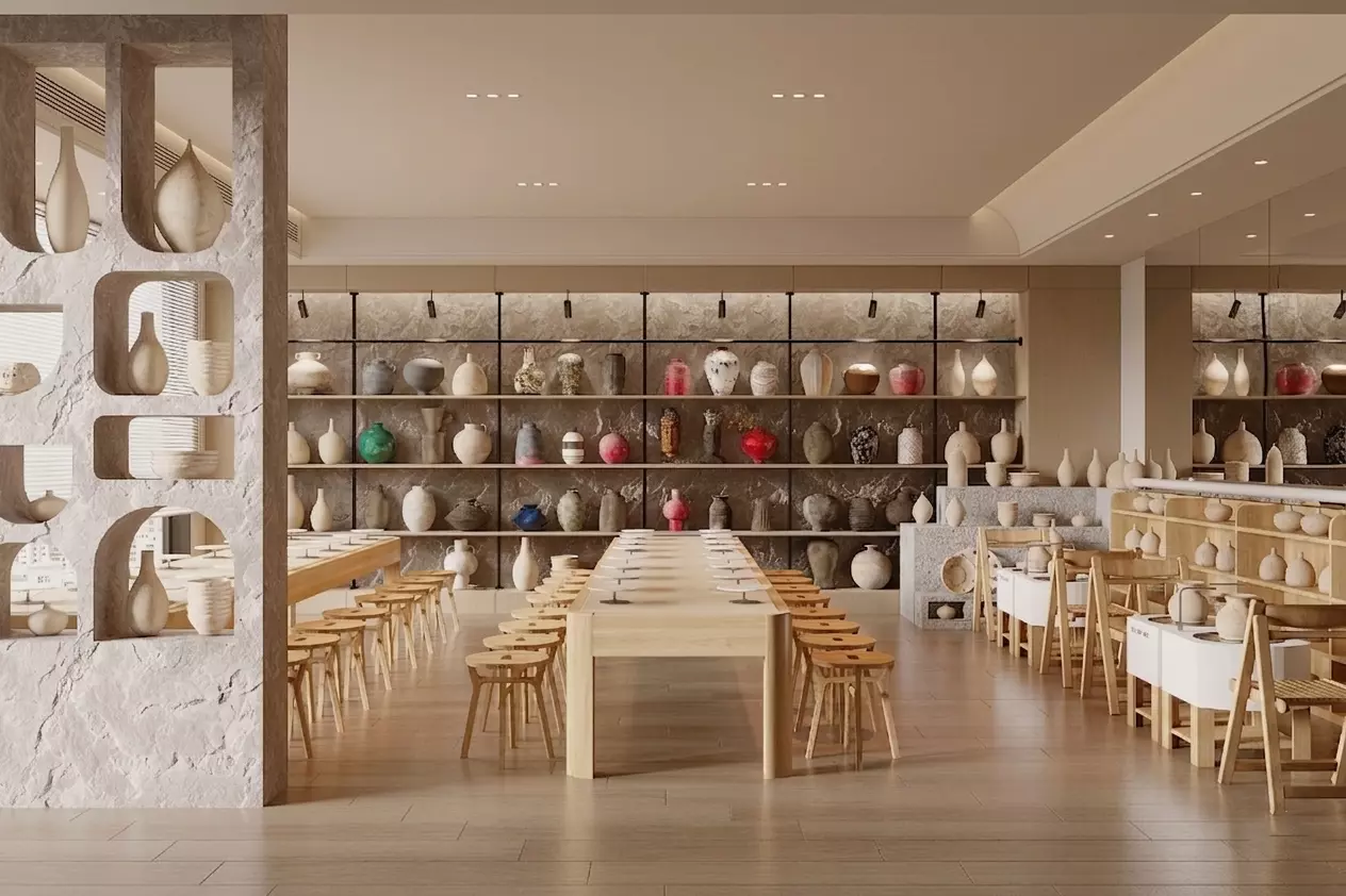 Warm-toned ceramic art studio with pottery display shelves 3D model