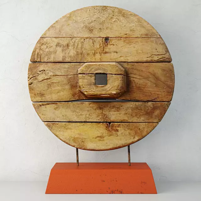Chinese Wooden Cart Wheel on Stand 3D model_0