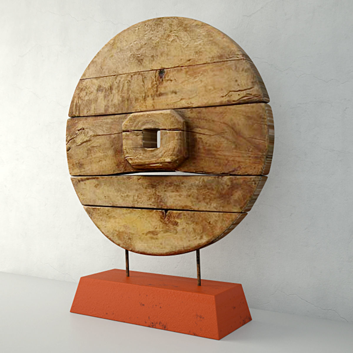 Chinese Wooden Cart Wheel on Stand 3D model_2