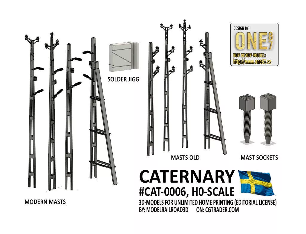 CAT-0006 Super Detailed Catenary set Swedish H0-scale 19 items 3D print model