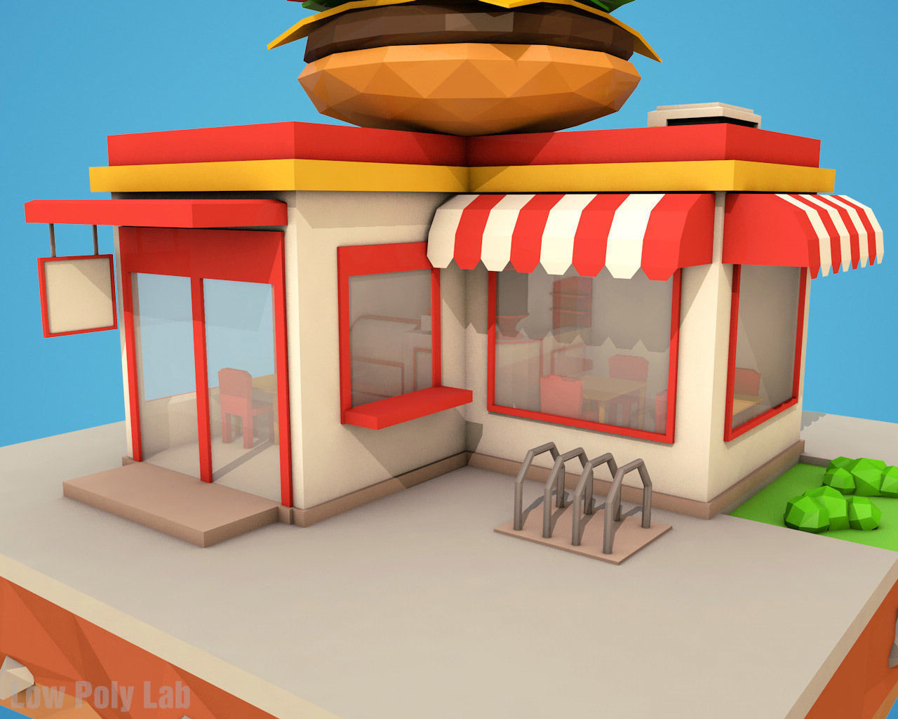 Cartoon Burger Cafe Low-poly 3D model_4