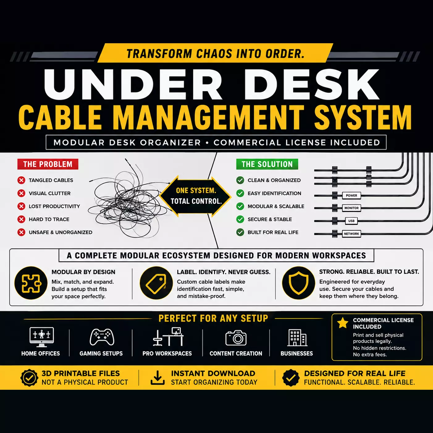 Under Desk Cable Management System OpenGrid Modular Organizer 3D print model