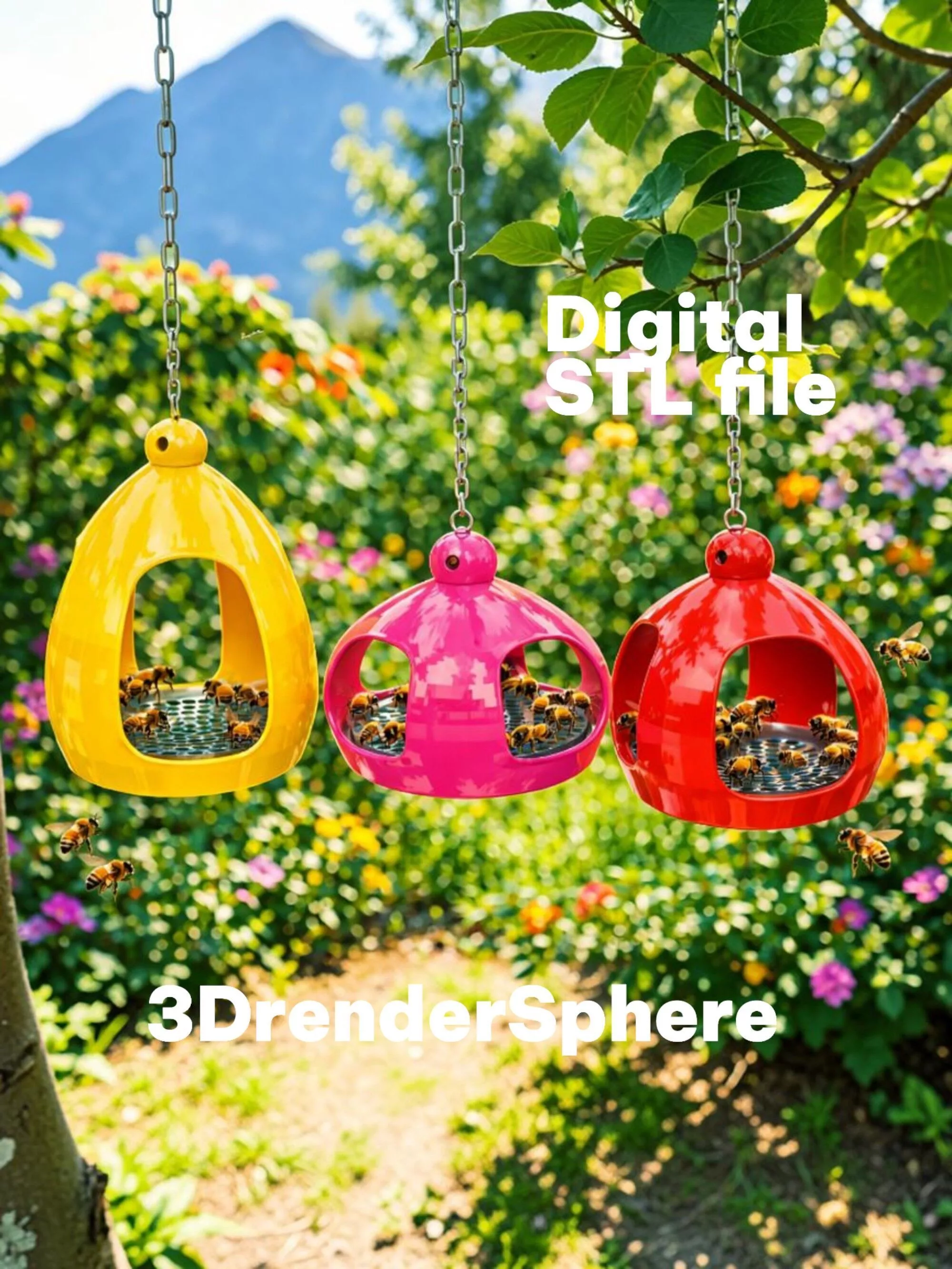 Bee Water Feeder Ecosystem Set 3D Printable Hanging Stake STL 3D print model