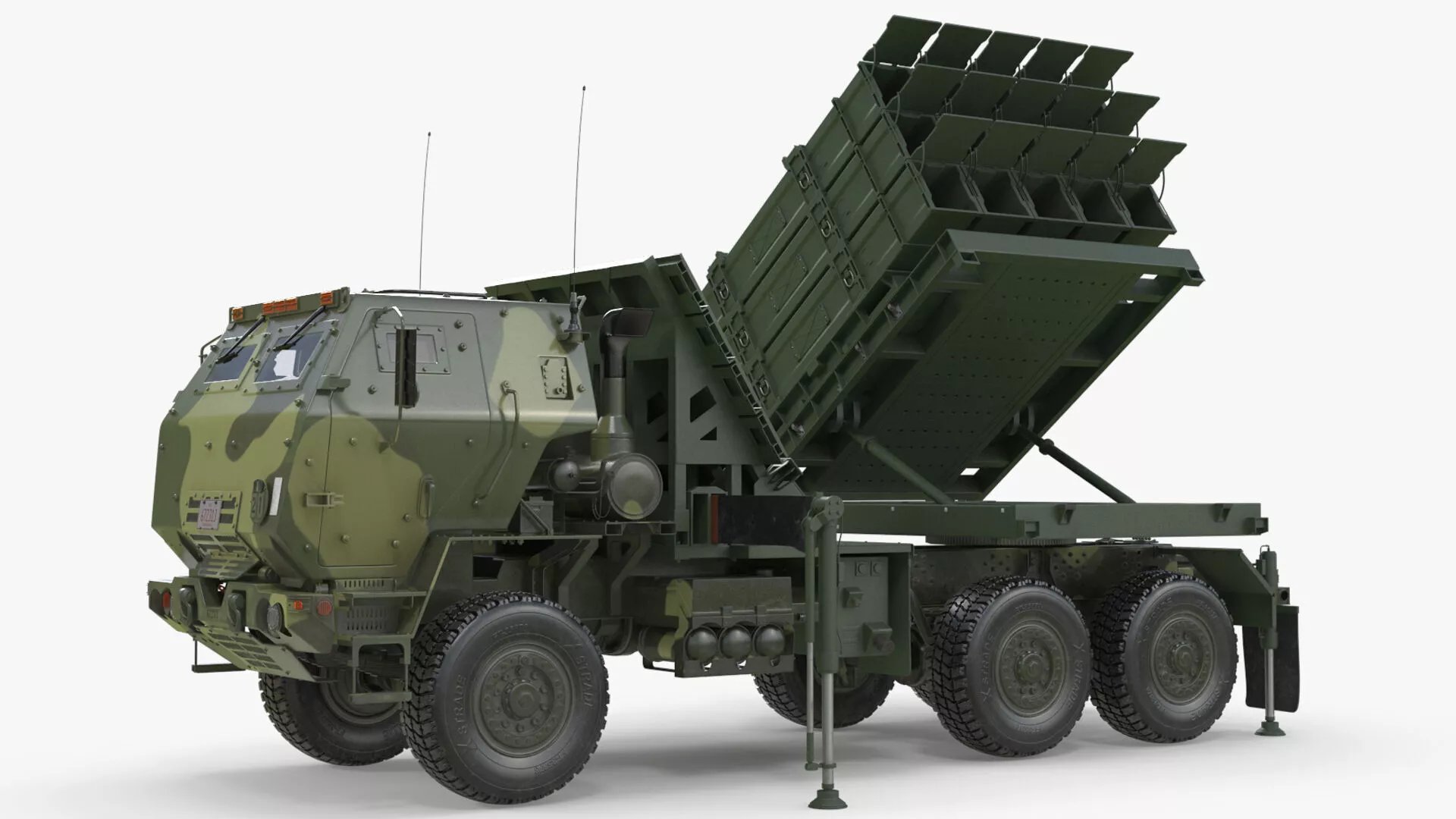 Military MLRS Rocket Launcher Truck Green Rigged for Maya 3D model