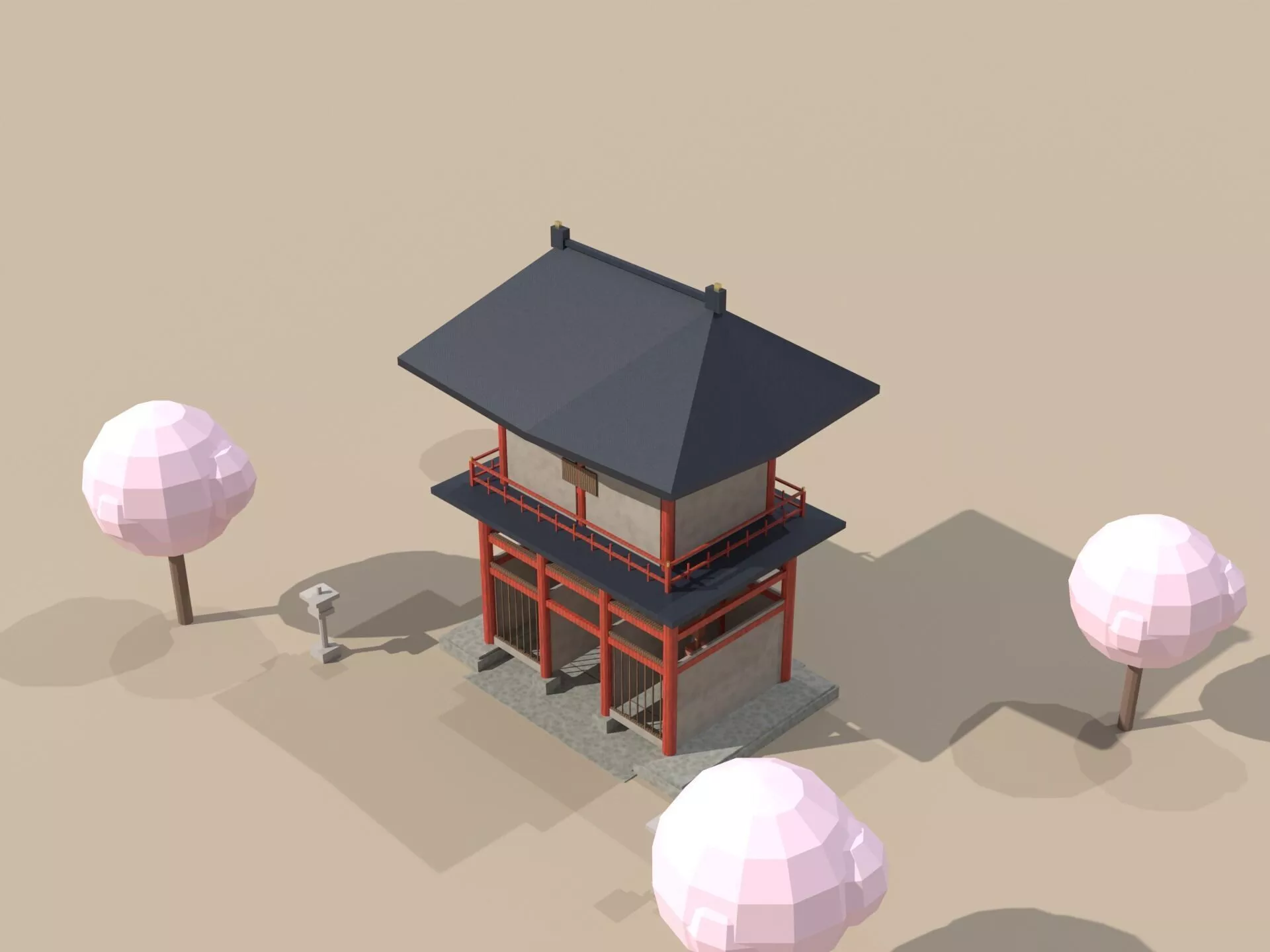 Japanese Romon Two-Story Temple Gate Spring Cherry Blossom Game Low-poly 3D model