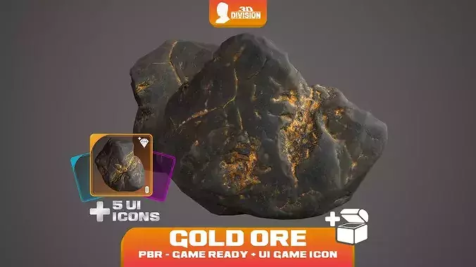 Gold Ore and 5 Loot Icons - PBR Game Ready - LOW POLY