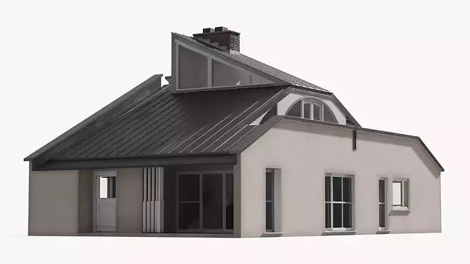 Minimalist House with Brick Chimney Beige Simplified 3D model 4