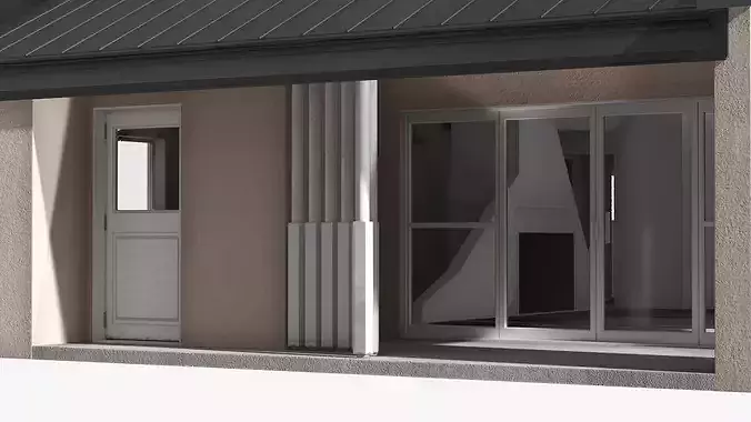 Minimalist House with Brick Chimney Beige Simplified 3D model 6