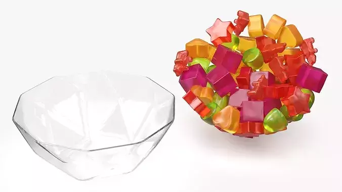 Fruit Flavor Gumdrops with Glass Bowl Set Multicolor 3D model 5