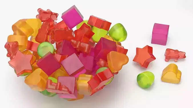Fruit Flavor Gumdrops with Glass Bowl Set Multicolor 3D model 3