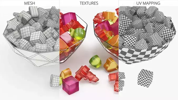 Fruit Flavor Gumdrops with Glass Bowl Set Multicolor 3D model 6