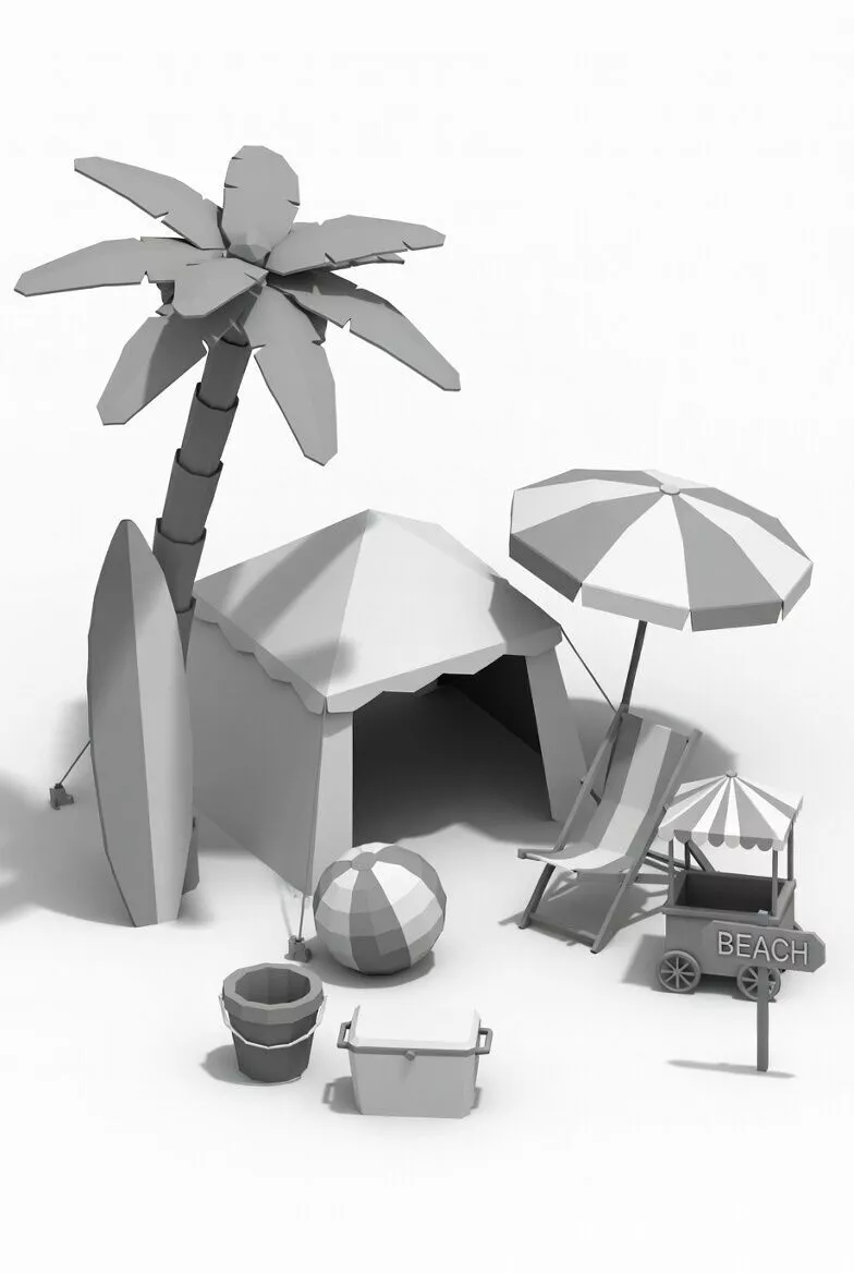 Low Poly Summer Beach Elements 3D Model Pack