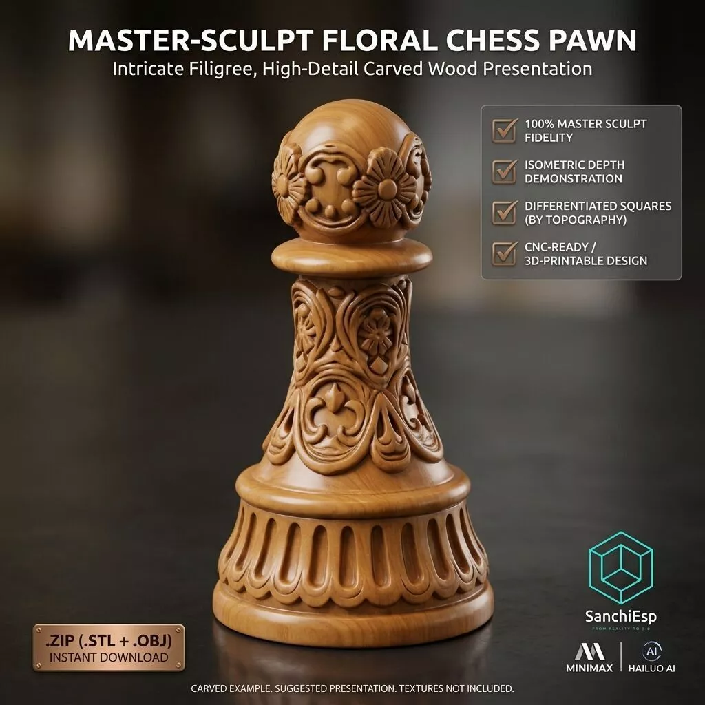 FLORAL GLORY Neoclassical Master Sculpt Chess Pawn 3D print model