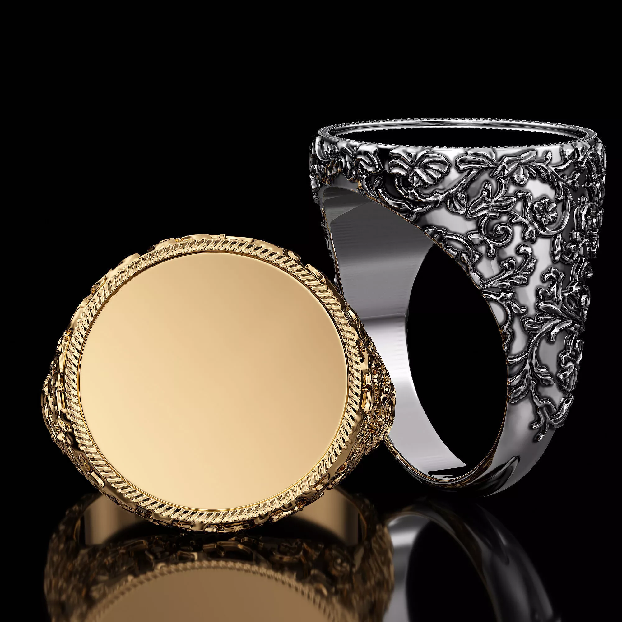 Mens signet ring with engraved floral filigree band 3D print model