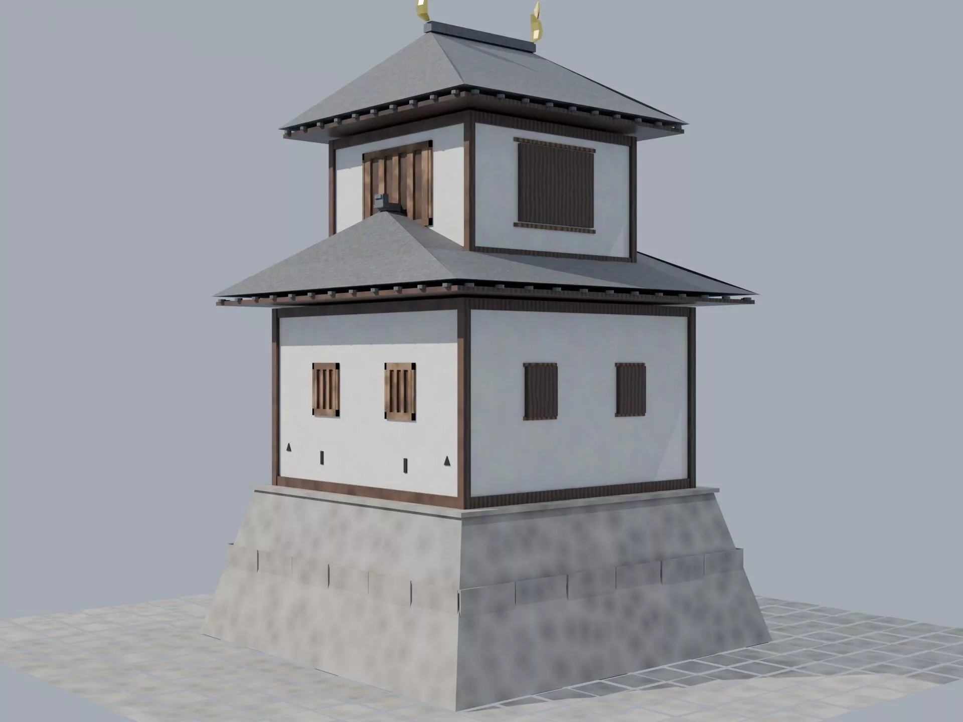 Japanese Castle Watchtower Sumi Yagura 2-Tier Low Poly 3D Model Low-poly 3D model