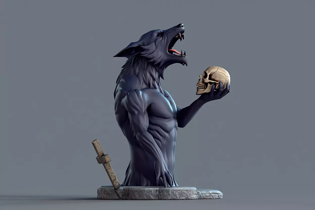 4130 Werewolf Howling with Skull Minimalist art STL DND 3D print model