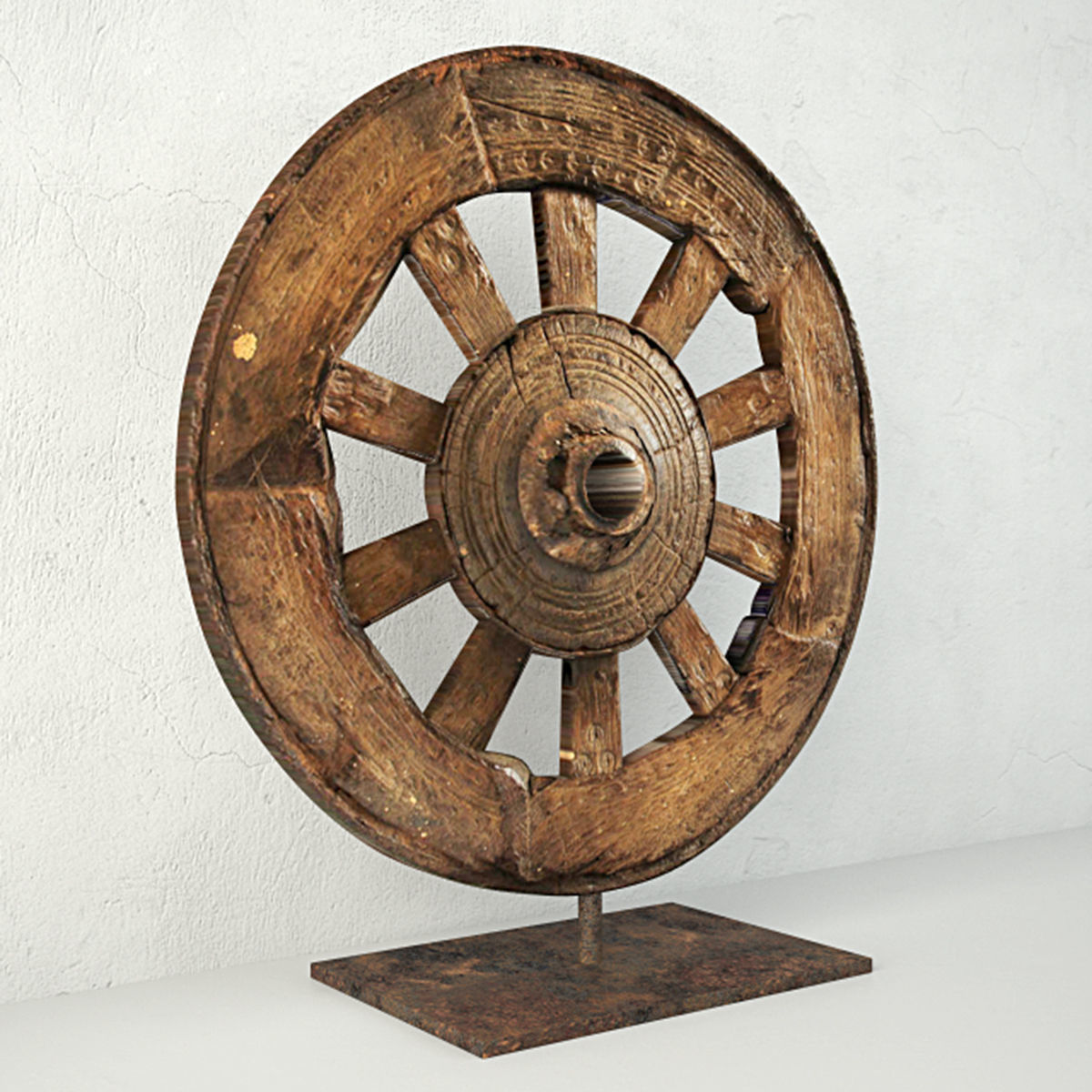 Ox Cart Wheel on Stand 3D model_1