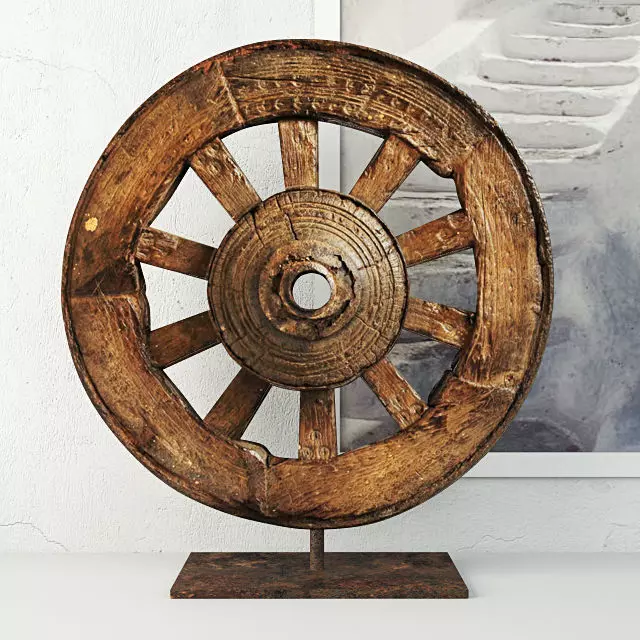 Ox Cart Wheel on Stand 3D model_0