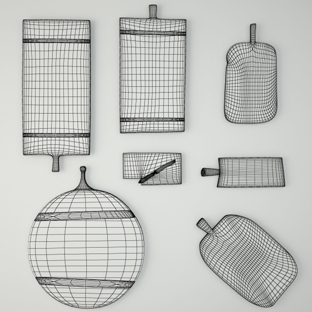 Antique Cutting Boards and Knife 3D model_4