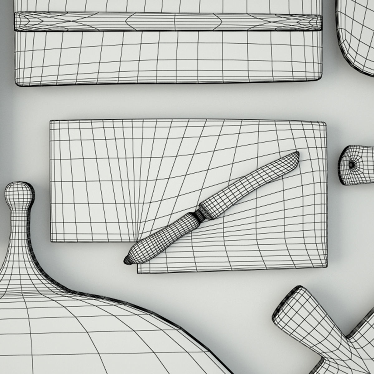 Antique Cutting Boards and Knife 3D model_2