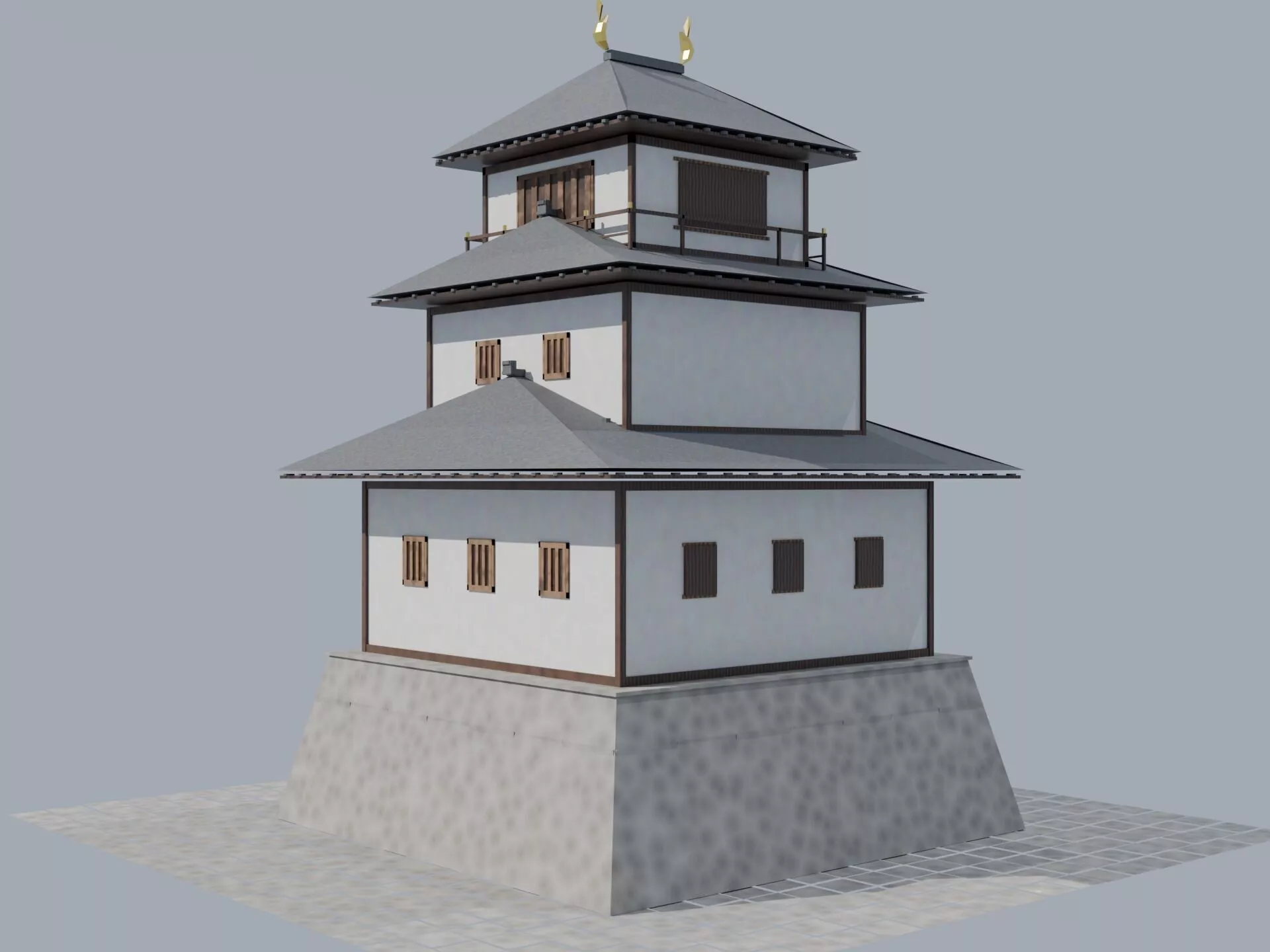 Japanese Castle Keep Tenshu 3-Tier Low Poly 3D Model Low-poly 3D model
