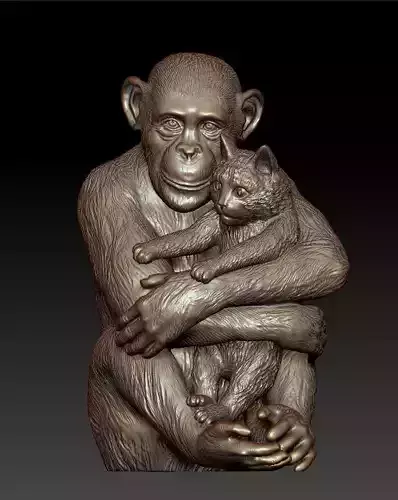Sculpture Chimpanzee with cat 50cm 
