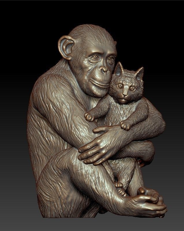 Sculpture Chimpanzee with cat 50cm  3D print model_2