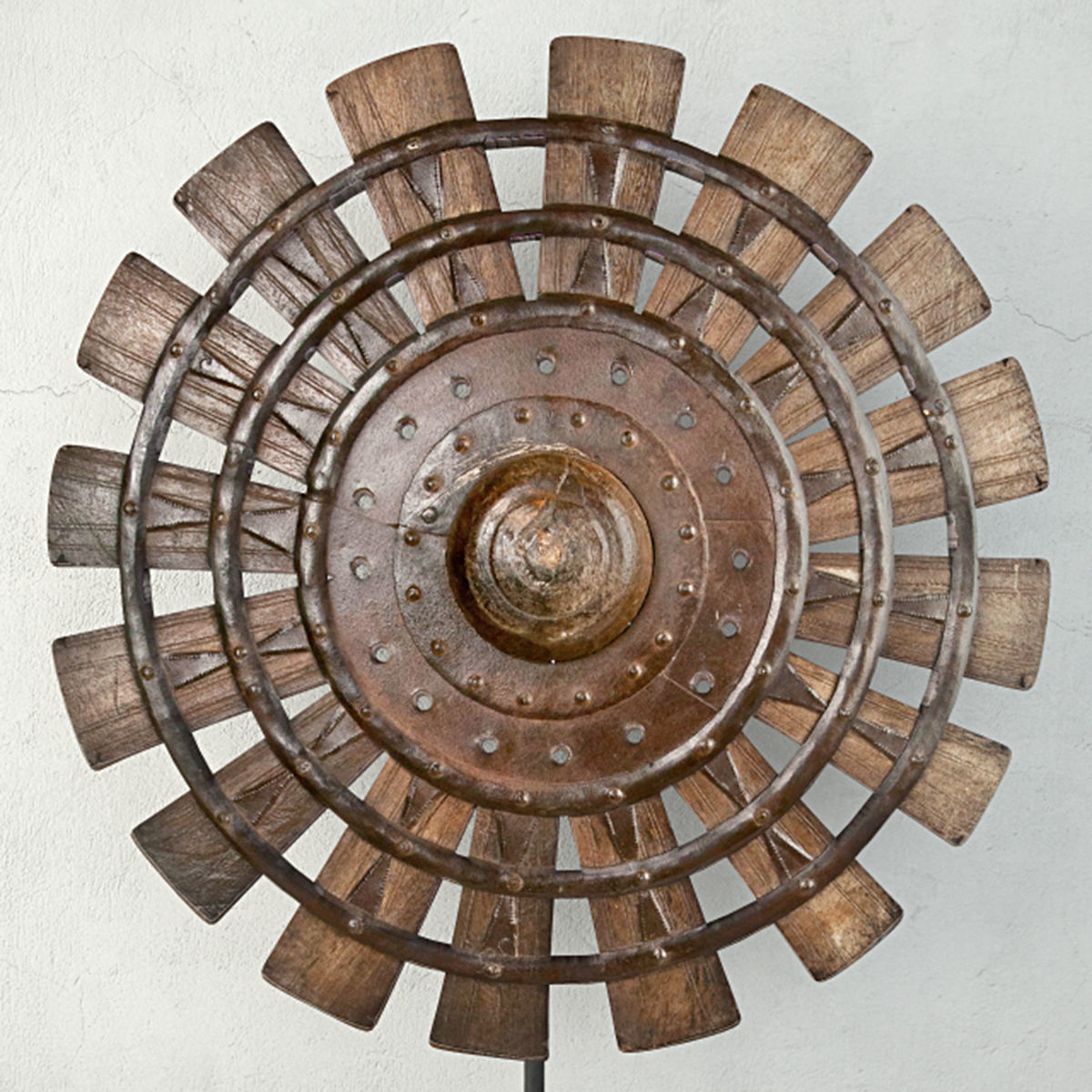 Wood Loom Wheel on Recycled Iron Stand 3D model_4