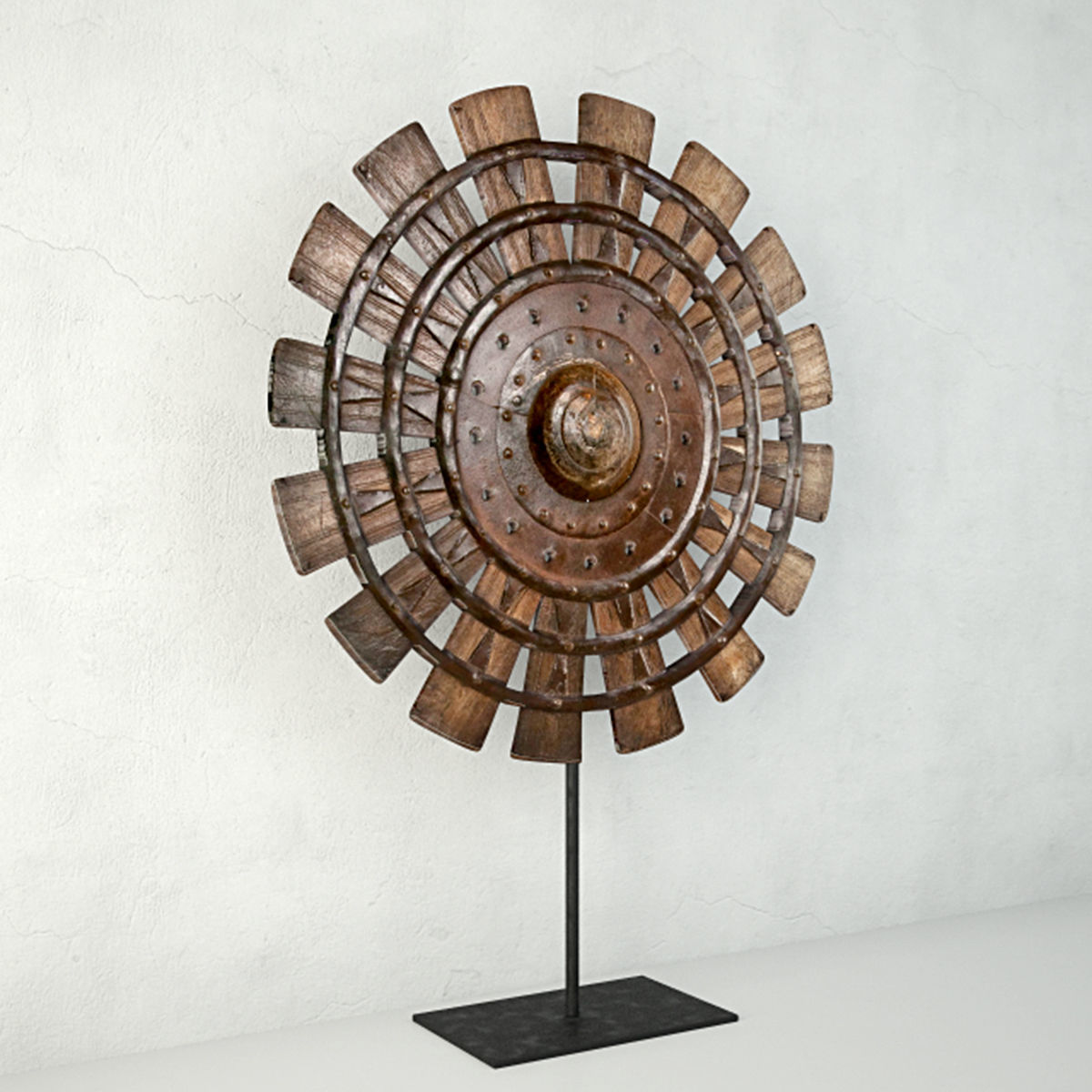 Wood Loom Wheel on Recycled Iron Stand 3D model_2