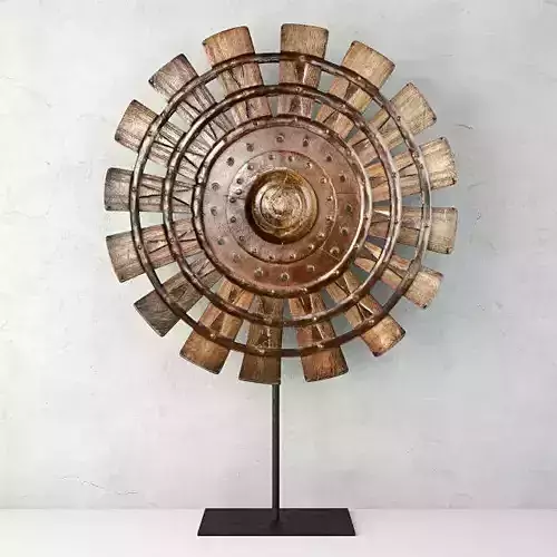 Wood Loom Wheel on Recycled Iron Stand