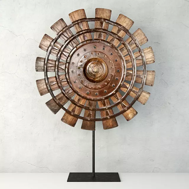 Wood Loom Wheel on Recycled Iron Stand 3D model_0