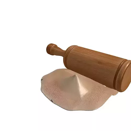 Realistic Wooden Rolling Pin with Flour 3D model 4