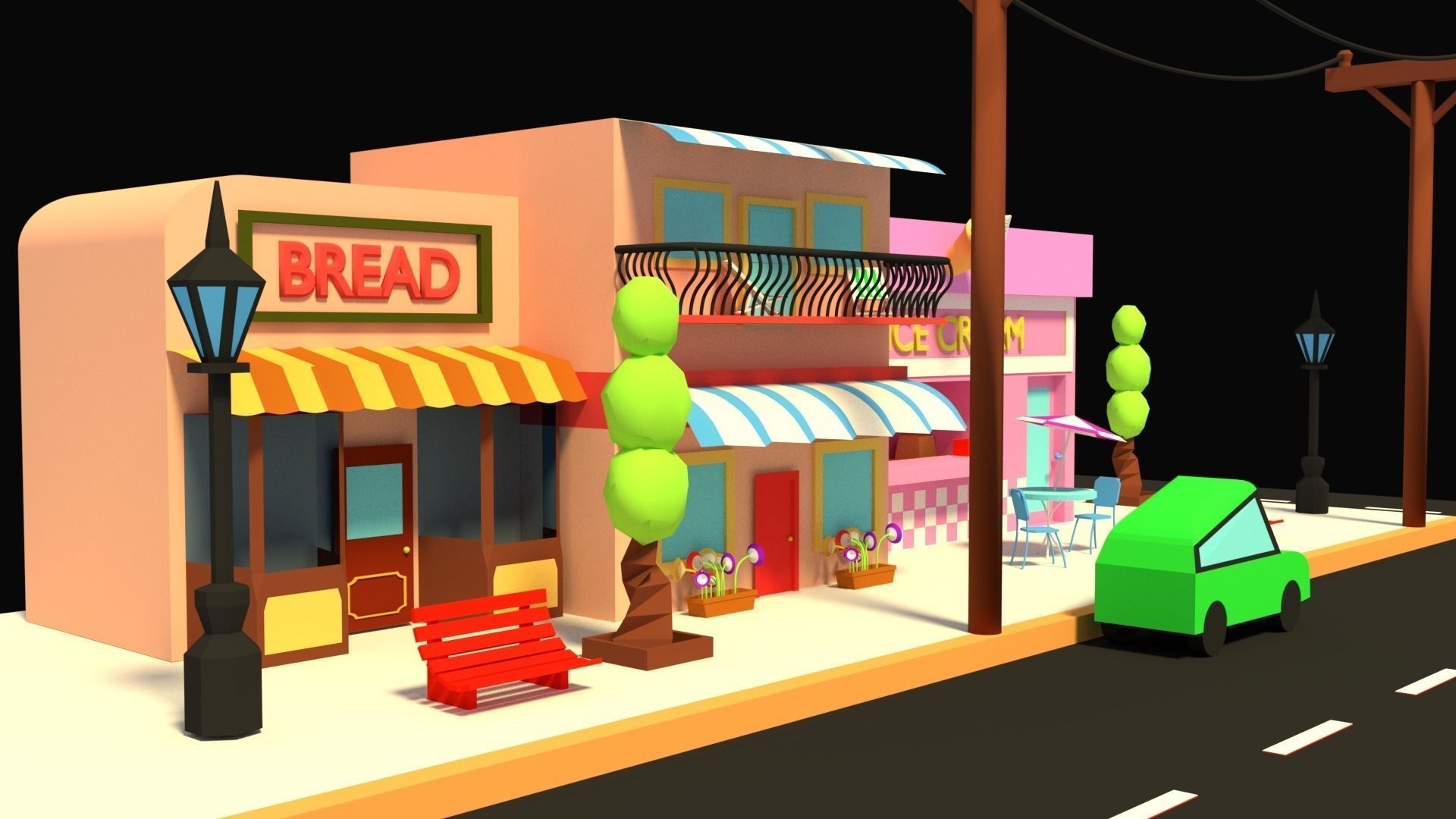 LOW POLY STREET SCENE Low-poly 3D model_4