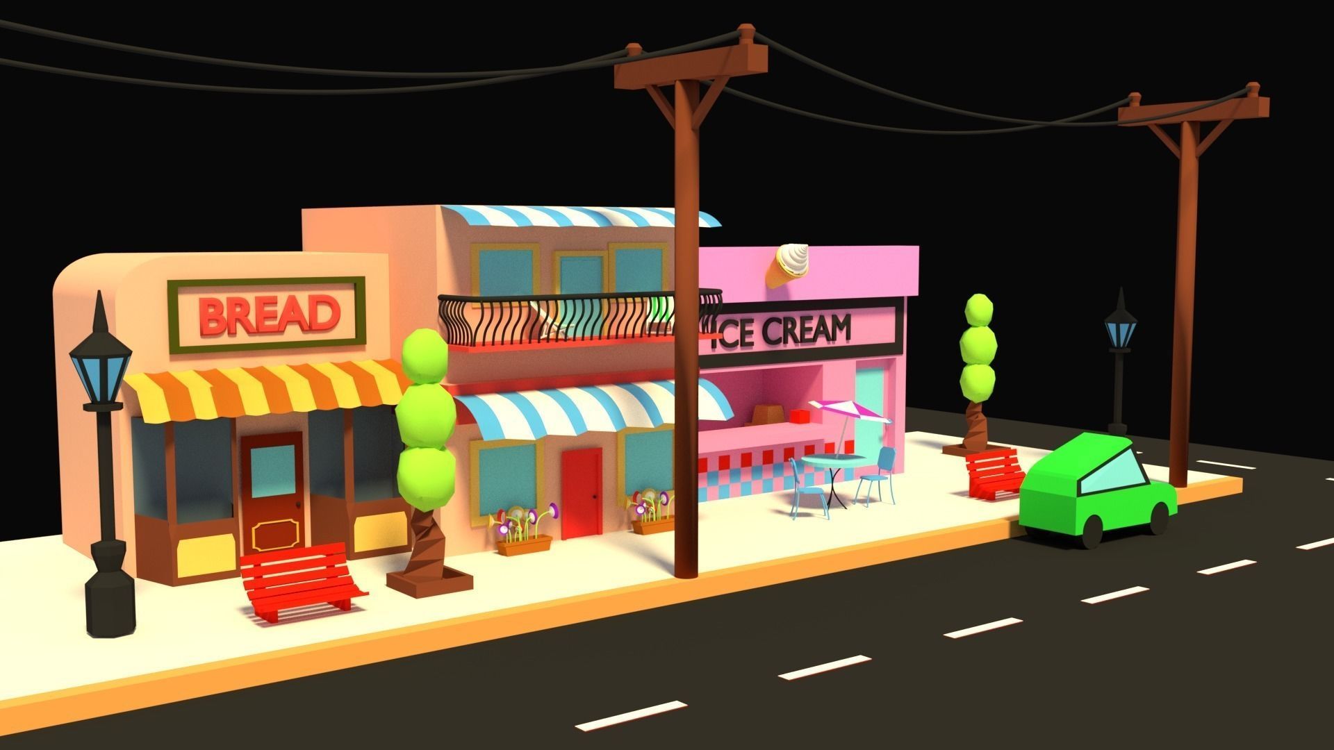 LOW POLY STREET SCENE Low-poly 3D model_1