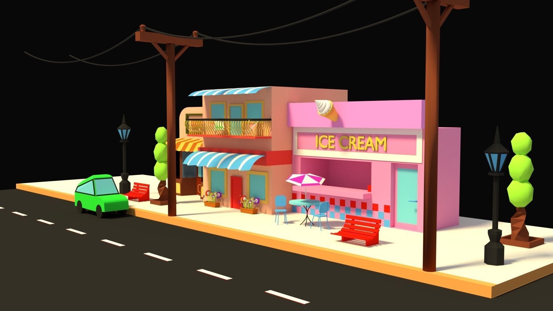 LOW POLY STREET SCENE Low-poly 3D model_2