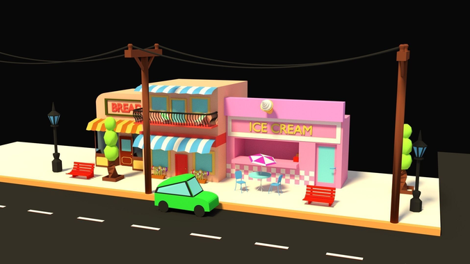 LOW POLY STREET SCENE Low-poly 3D model