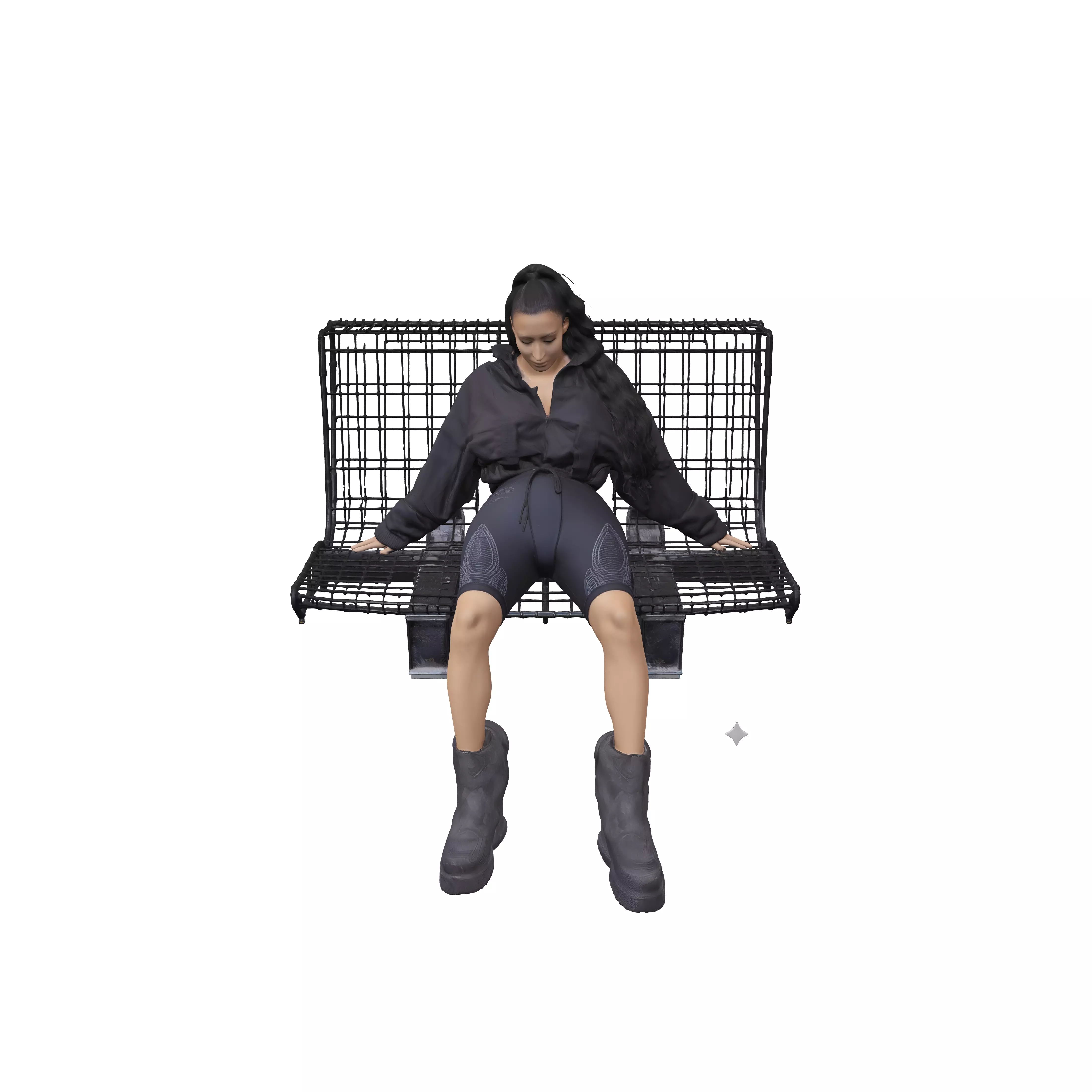 Monochrome Fitness Portrait on a Wire Bench 3D model