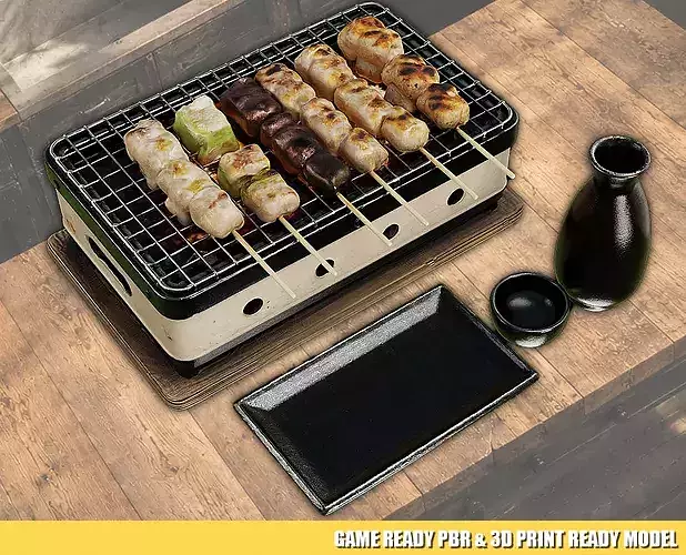 Yakitori Grill Set Japanese BBQ Izakaya Food Stove Sake Props 3D model