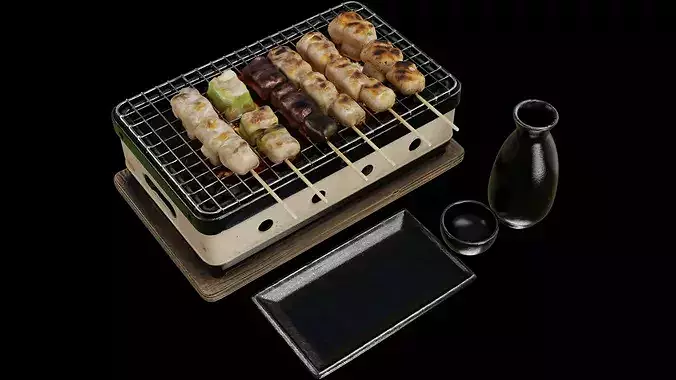 Yakitori Grill Set Japanese BBQ Izakaya Food Stove Sake Props 3D model 2