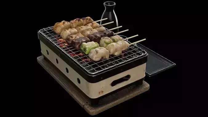 Yakitori Grill Set Japanese BBQ Izakaya Food Stove Sake Props 3D model 3