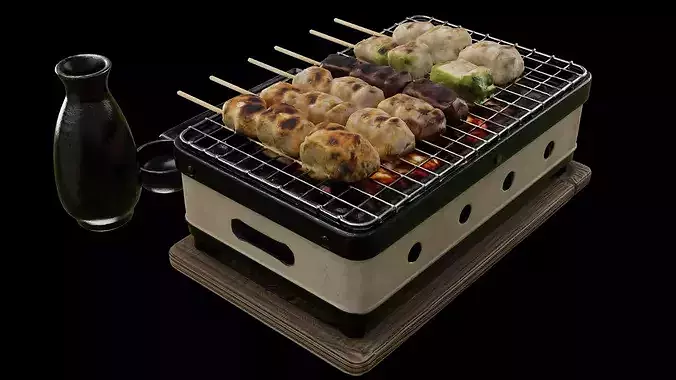 Yakitori Grill Set Japanese BBQ Izakaya Food Stove Sake Props 3D model 4