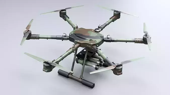 Military Hexacopter UAV - Combat Drone with Bombs Camuflage