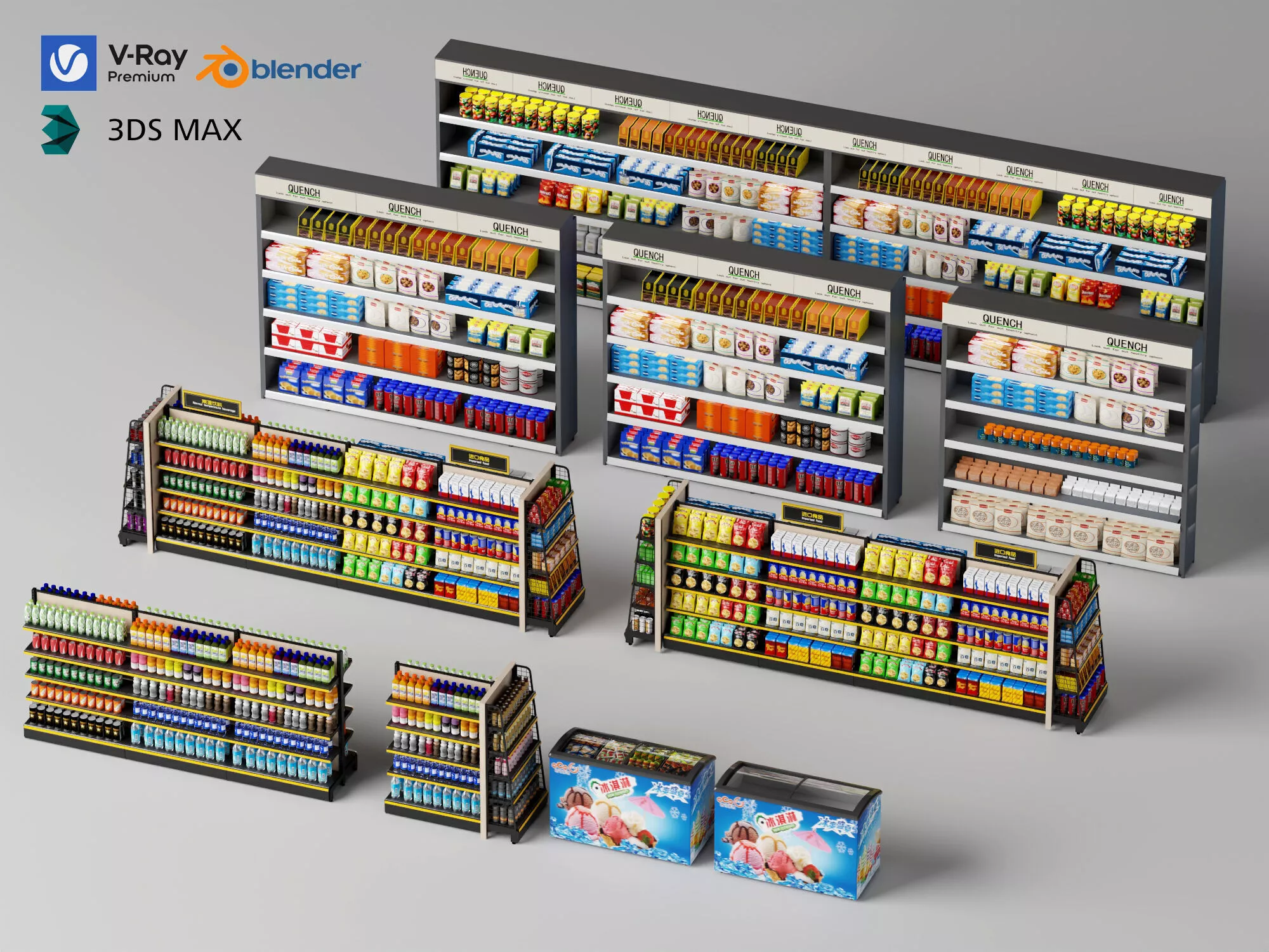 Convenience store supermarket shelves and merchandise Low-poly 3D model